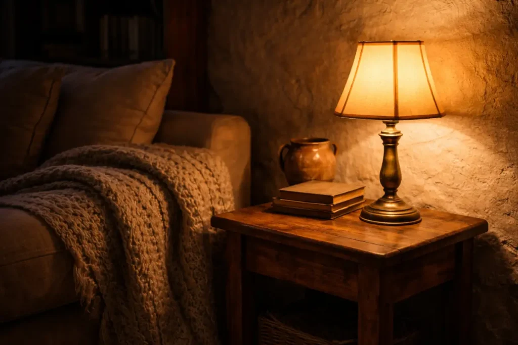 Cosy cottage living room ideas featuring a small vintage brass table lamp casting a warm golden glow at dusk.