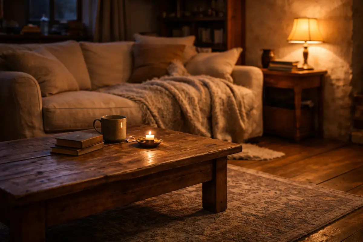 Cottage living room ideas focusing on a heavy rustic oak coffee table, soft linen sofa with a knit blanket, and warm evening lamplight.