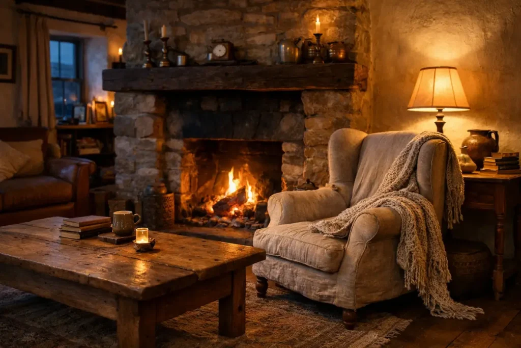 A warm cozy cottage style living room at twilight, featuring a roaring stone fireplace, a heavy rustic wood coffee table, and a vintage linen armchair draped with a knitted throw under soft lamp light.