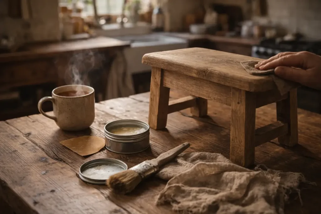 A person gently waxing a small rustic wooden stool on an old kitchen table, representing diy cozy cottage style ideas. A steaming ceramic mug of tea, furniture wax, a vintage paintbrush, and linen scraps surround the project in a warm, natural light.