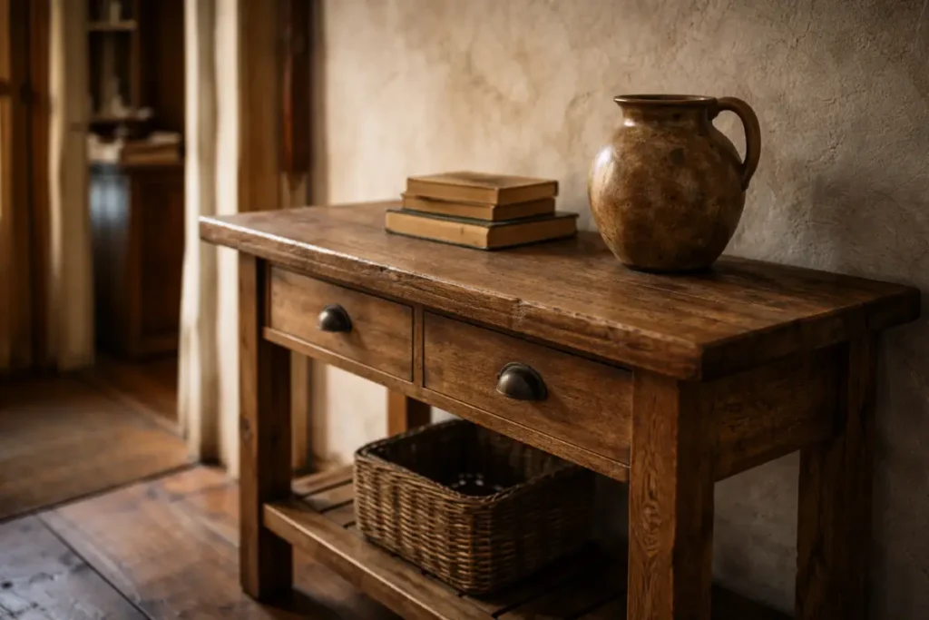  Cottage living room ideas: a beautifully worn rustic oak console table with a ceramic jug, sitting quietly in a small hallway.