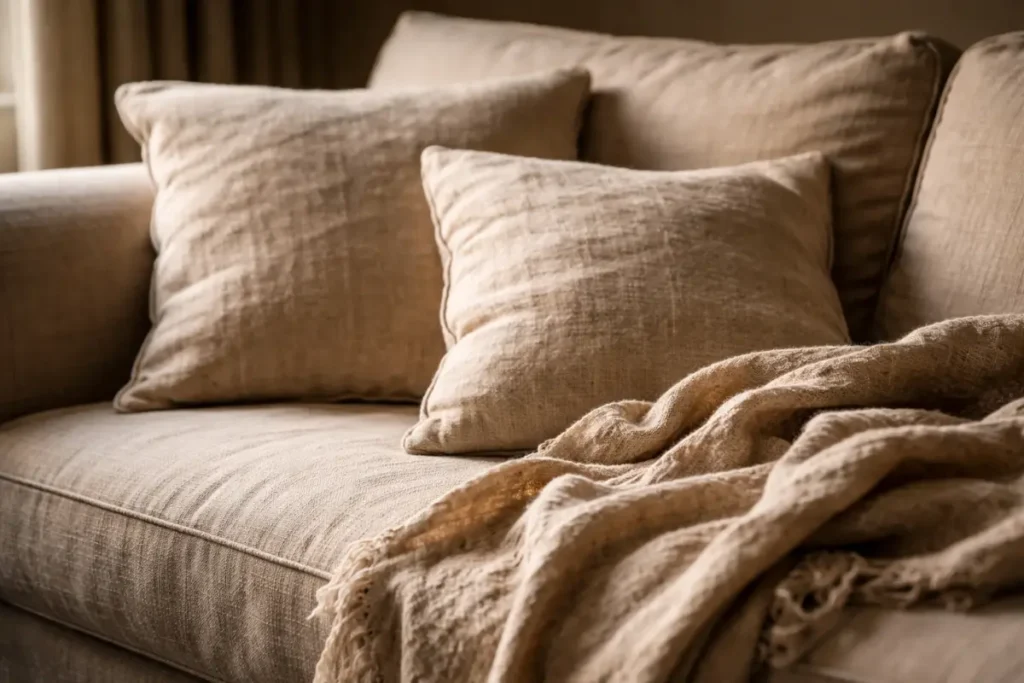 Cottage living room ideas to soften your space: unbleached natural linen cushions and a crumpled throw resting on a worn armchair.