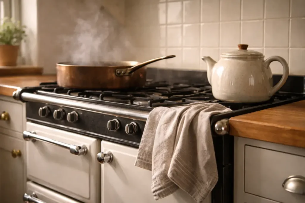 A warm cast iron range cooker with a copper pan and a folded linen tea towel resting on the rail in a beautiful country cottage kitchen.