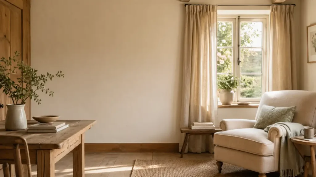Calm British cottage interior with natural wood, linen curtains, and soft light for cottage decorating ideas