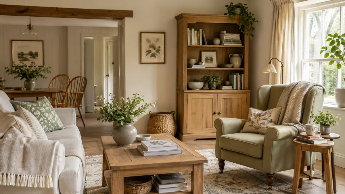  Cottage decorating ideas in a calm British cottage interior with natural wood, linen curtains, and soft layered decor