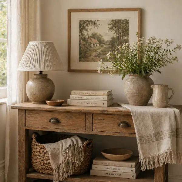 Cottage decorating ideas for charming decor with a wooden console table, ceramic lamp, and soft cottage styling