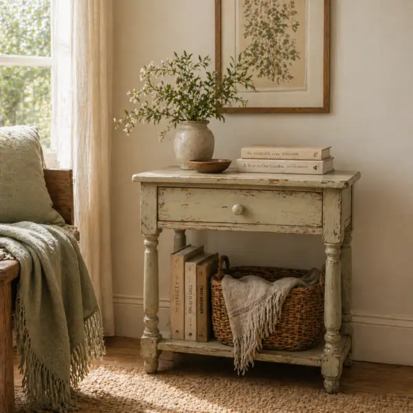 Cottage decorating ideas for upcycled furniture with a painted wooden chair, worn textures, and soft natural light