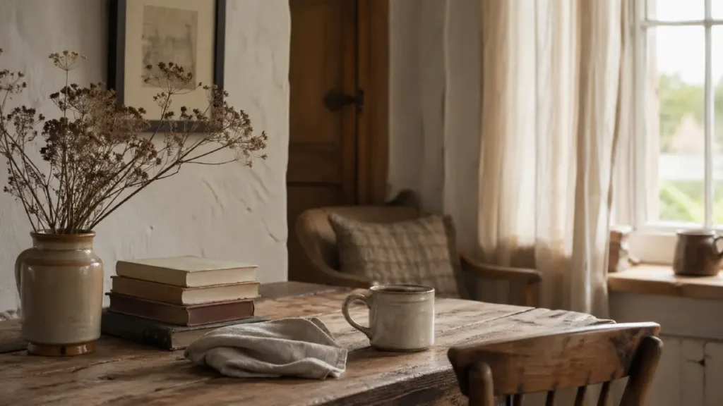 Cottage decorating ideas shown in a calm British cottage corner with an oak table, linen curtains, ceramic mug, and soft natural light.