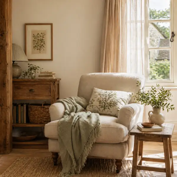 Cottage decorating ideas for a calm living room with a cosy armchair, natural wood table, and soft neutral decor