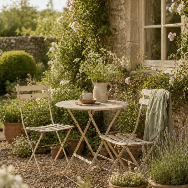 Cottage decorating ideas for a cosy garden with a bistro set, terracotta pots, and gentle cottage greenery