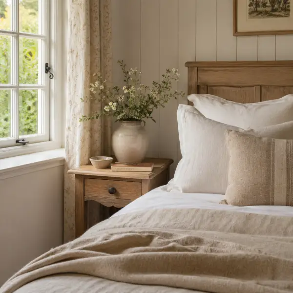 Cottage decorating ideas for a peaceful bedroom with linen bedding, soft neutral colours, and natural light