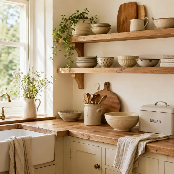 Cottage decorating ideas for a warm kitchen with wooden shelves, ceramic bowls, and soft neutral styling