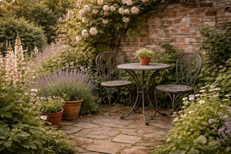 Cottage garden seating area with a wrought iron bistro set and terracotta pots