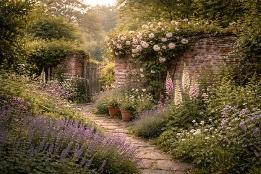 Cottage garden with climbing roses, lavender, foxgloves and wildflowers