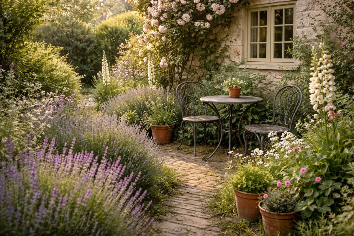 Cottage garden with wildflowers, lavender, climbing roses and a wrought iron bistro set