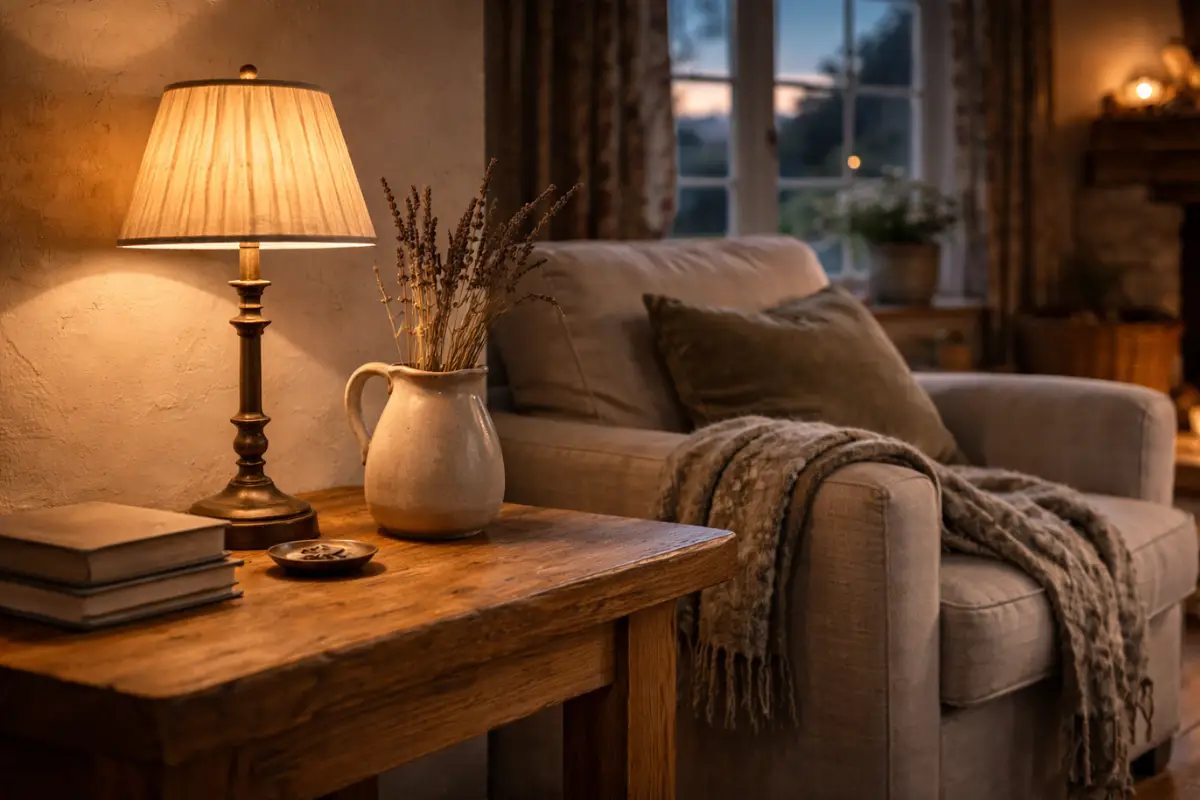 A quiet living room blending modern comfort with country cottage decor, featuring a warm oak table, soft linen armchair, and gentle amber lighting.
