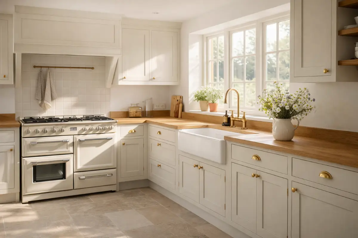 A bright and airy country cottage kitchen featuring clean pale stone shaker cabinets, warm oak worktops, and a classic range cooker.