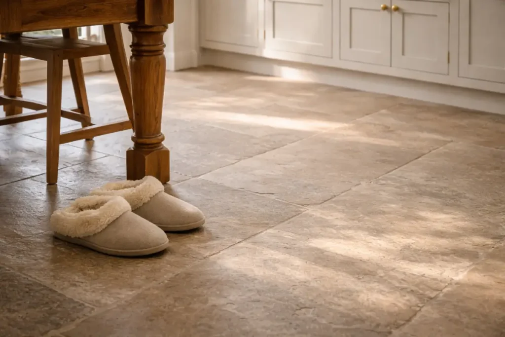 Smooth natural flagstone flooring in a modern country cottage kitchen with sunlight hitting the stone.