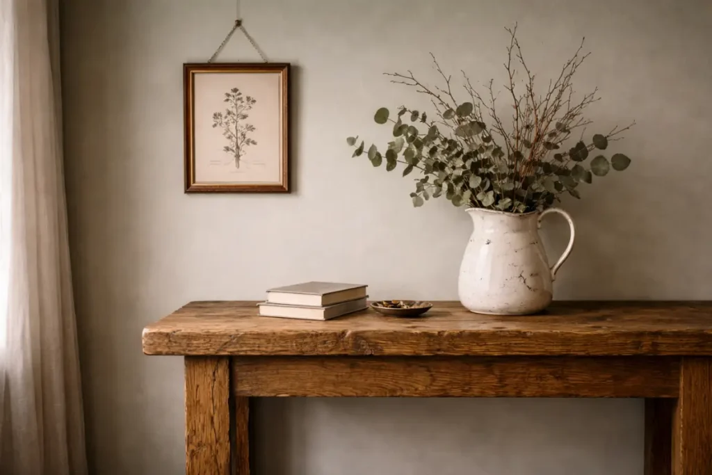  A heavy white enamel jug holding dried eucalyptus branches on a wooden console table, representing nature-inspired country cottage decor.