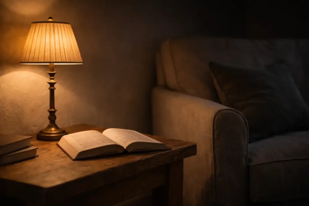 A warm brass table lamp casting a soft amber glow over an open book in a quiet country cottage decor reading corner.
