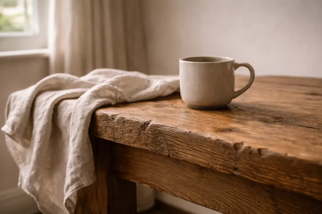 A close-up of a solid oak table and a soft, pale grey linen throw illustrating rustic textures in country cottage decor.