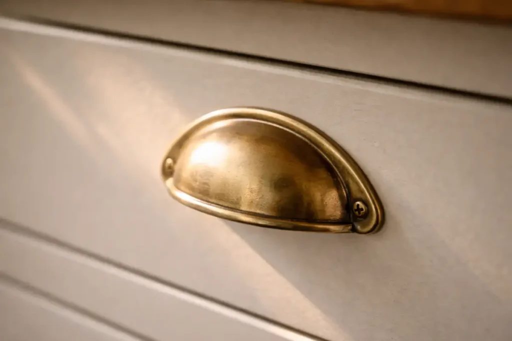  A close-up of a beautifully tarnished unlacquered brass drawer handle resting on a muted painted cabinet in a country cottage kitchen.