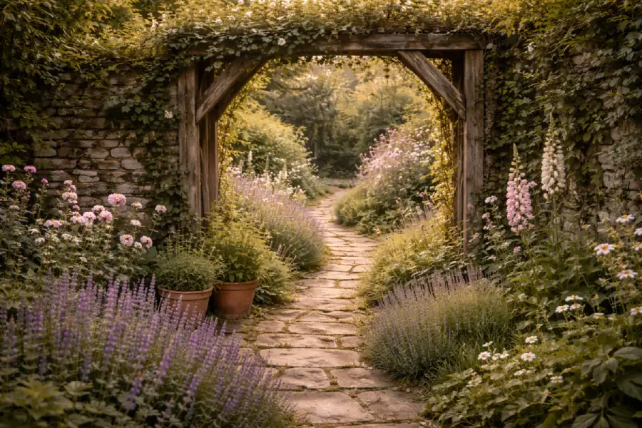  Cottage garden path with weathered stone and a wooden garden arch