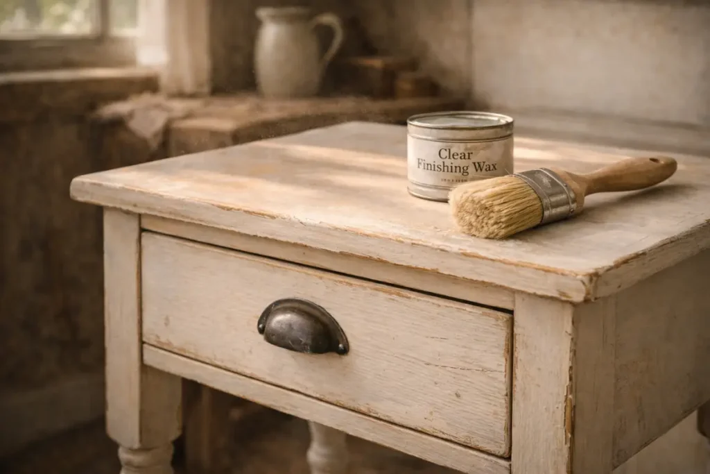 Cottage upcycling furniture ideas featuring a vintage pine table painted in matte pale stone chalk paint with a natural bristle brush.