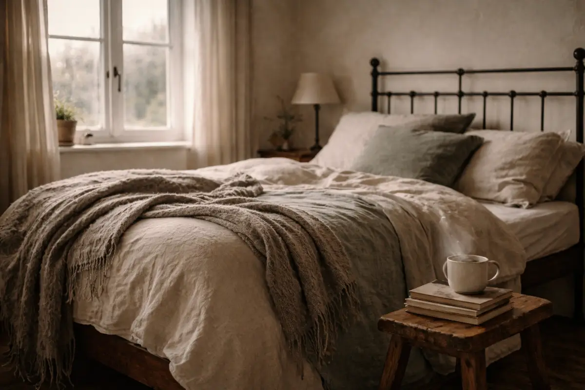 A quiet morning in a rustic room featuring cottage bedroom ideas, with a wrought iron bed, soft washed linen, a heavy wool blanket, and a warm cup of tea on a weathered wooden stool.