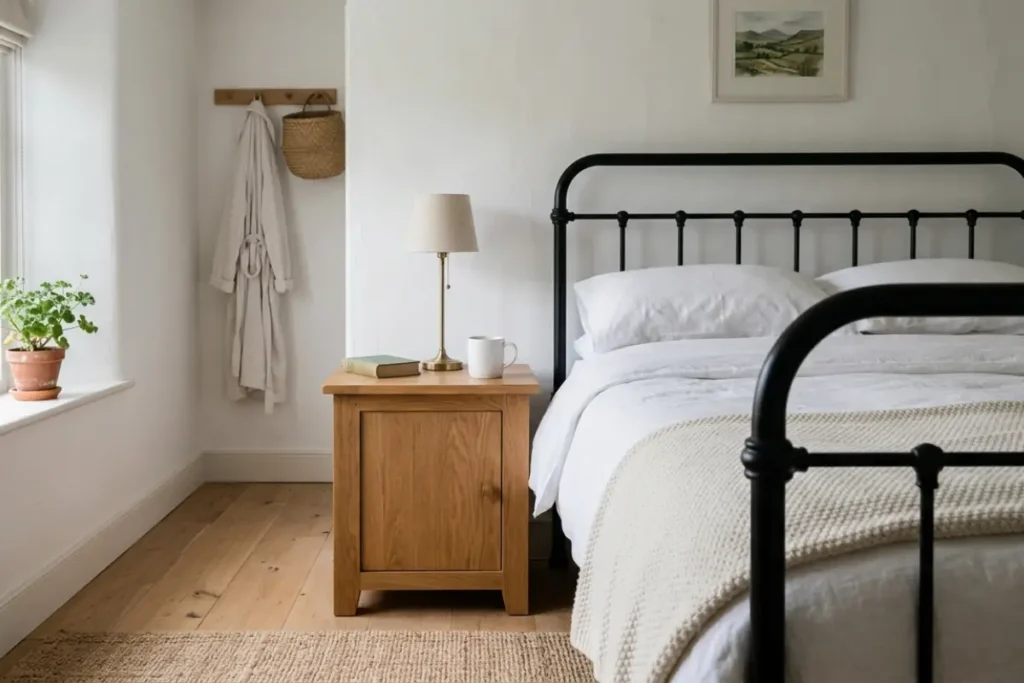 A classic wrought iron bed and a wooden bedside table showcasing simple cottage bedroom ideas.