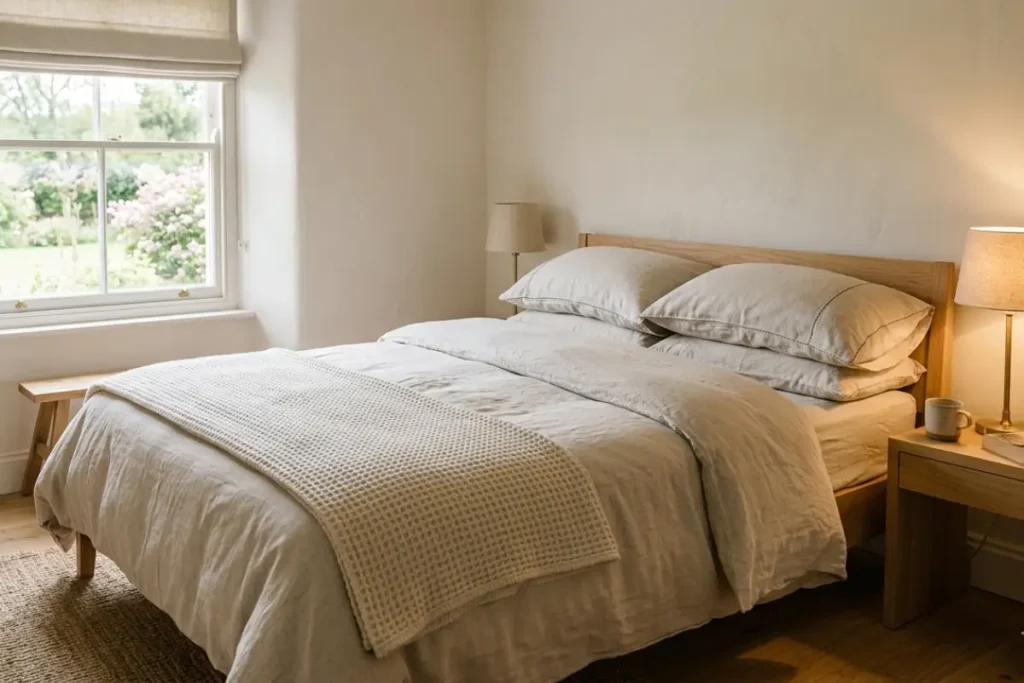  Washed linen bedding and a wool throw glowing under a brass lamp for cozy cottage bedroom ideas.