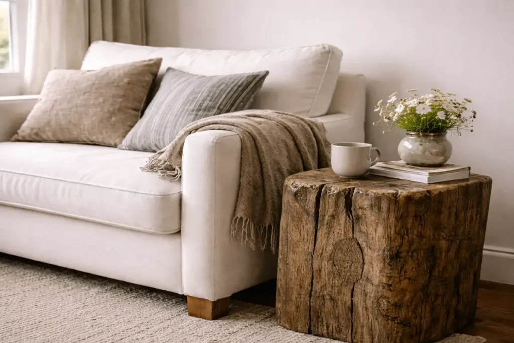 A weathered wooden stool next to a clean modern sofa, showing how to blend rustic furniture ideas with contemporary spaces.