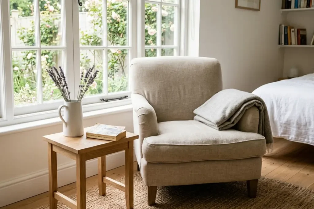 A cozy reading armchair and a jug of dried lavender highlighting simple cottage bedroom ideas.
