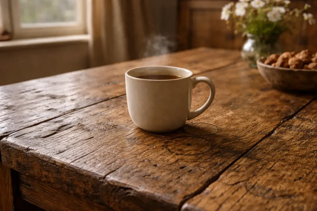 Close-up of a reclaimed wood dining table showing the natural texture and quiet charm of rustic furniture ideas.