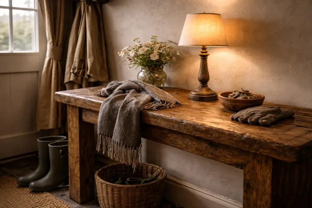  A heavy rustic wooden console table in a cozy hallway, anchoring the space with welcoming warmth.