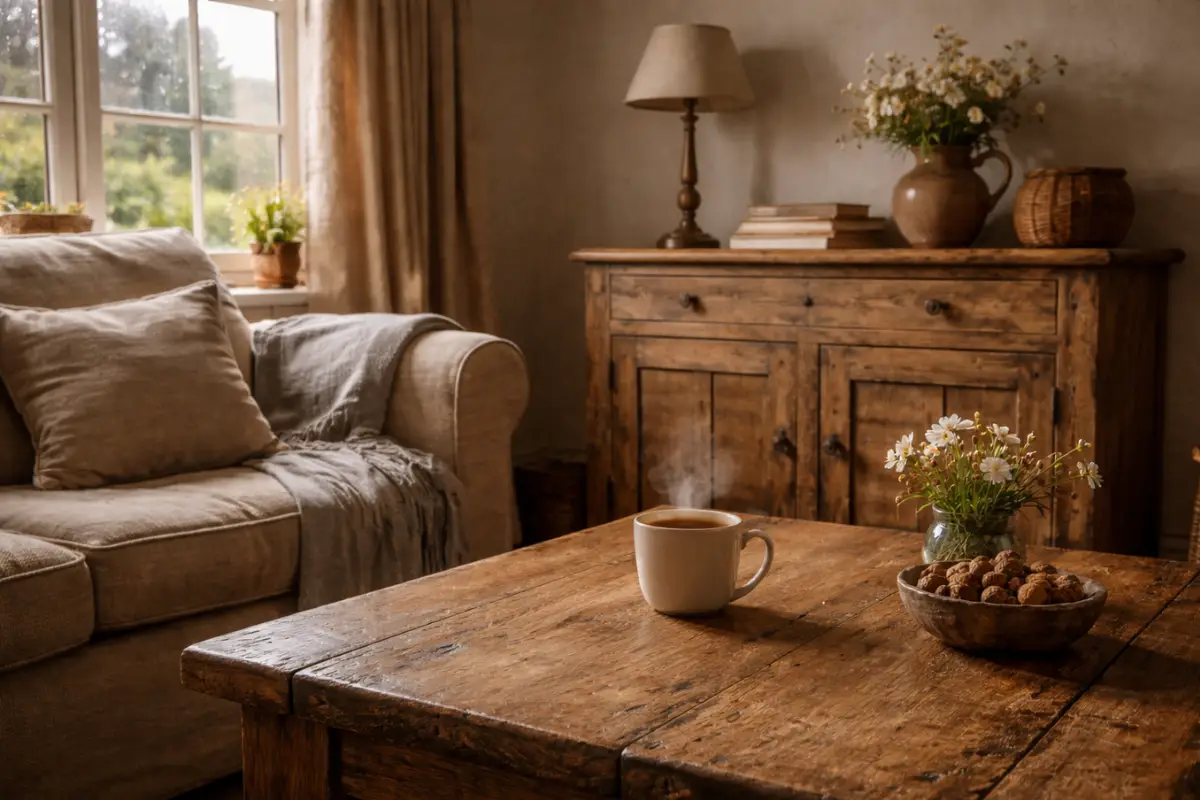 A solid oak table and weathered cabinet in a calm living room, showcasing honest rustic furniture ideas.