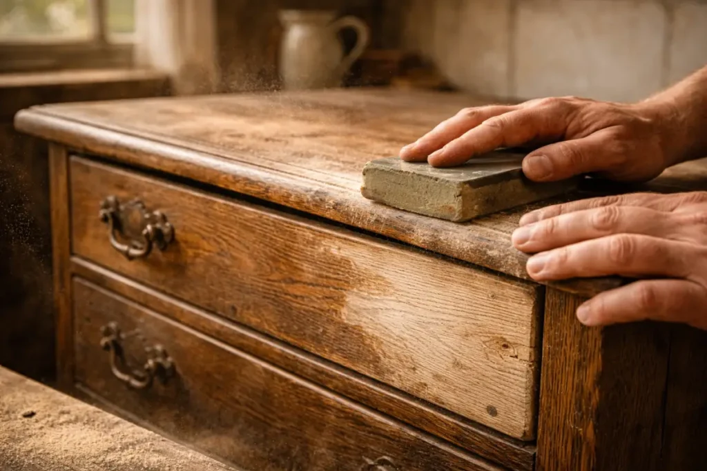 Upcycling furniture ideas: sanding away dark varnish to reveal the natural grain of solid reclaimed timber.