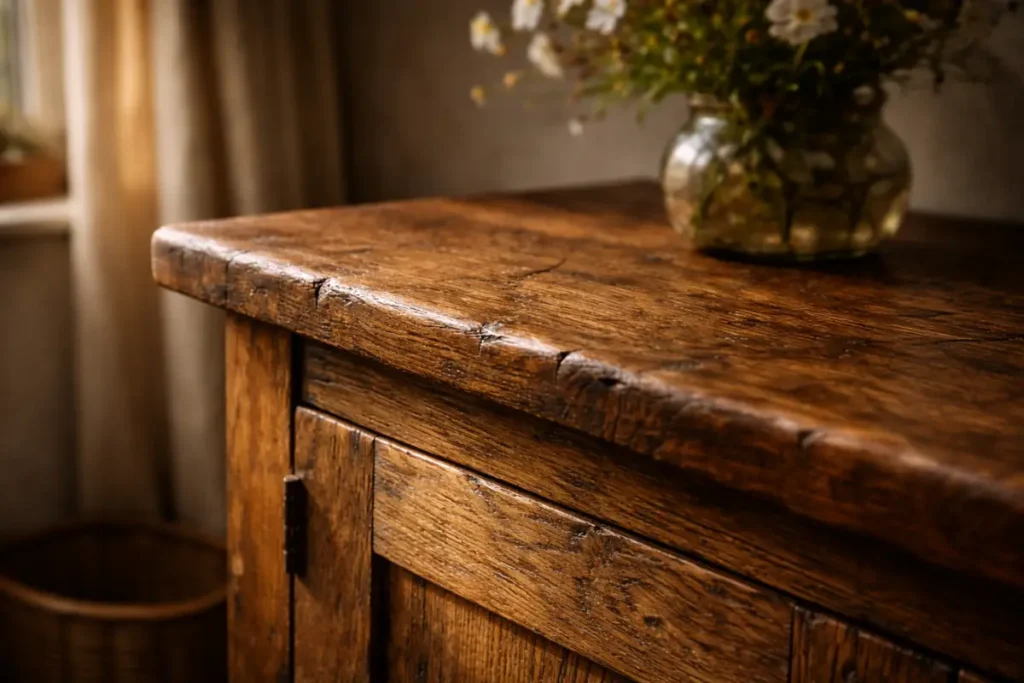 The worn edge of a solid oak cabinet illustrating the beautiful natural patina found in authentic rustic furniture ideas.