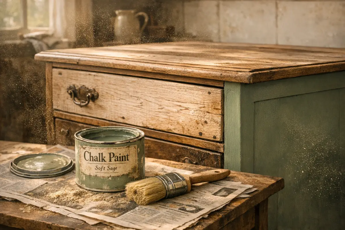 Simple upcycling furniture ideas: a partially restored oak chest of drawers being painted with soft sage green chalk paint in a sunlit cottage room.