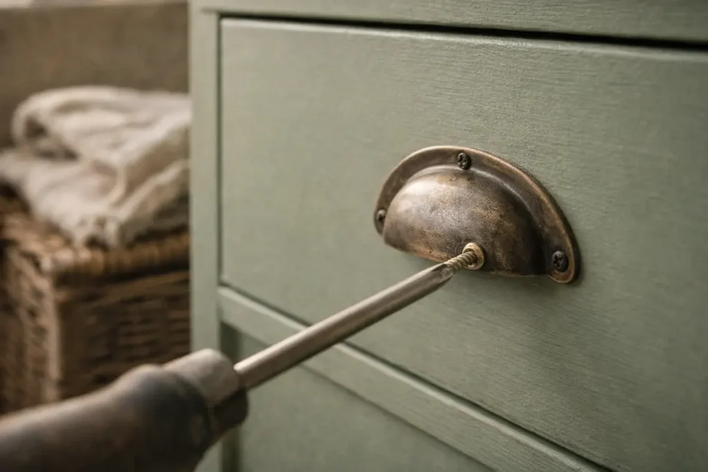 Simple upcycling furniture ideas: attaching a heavy vintage brass handle to a newly painted sage green wooden drawer.