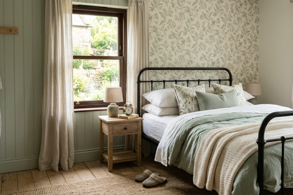  Soft sage green wall panelling and light floral wallpaper in a bright cottage bedroom.